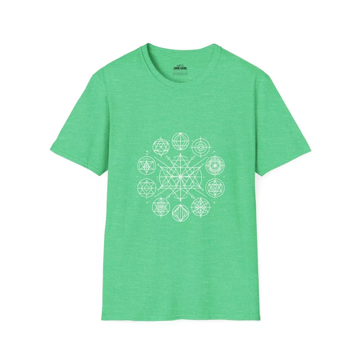 Cosmic Order Sacred Geometry (Unisex Tee) in Heather Irish Green - Front Design