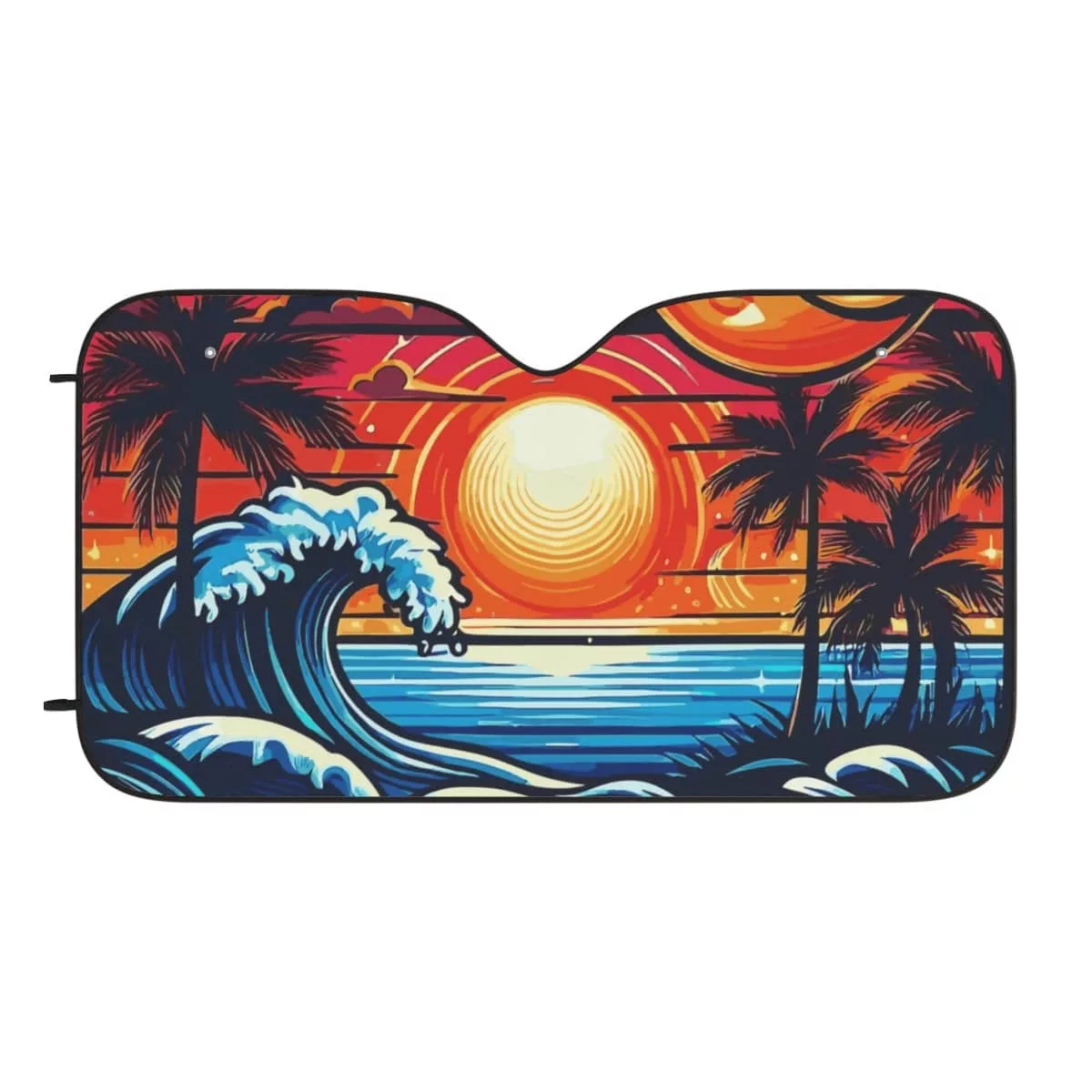 Beachy Sunset: Waves, Palm Trees, Moon & Stars - Car Sun Visor (Multiple Sizes / Universal Fit)