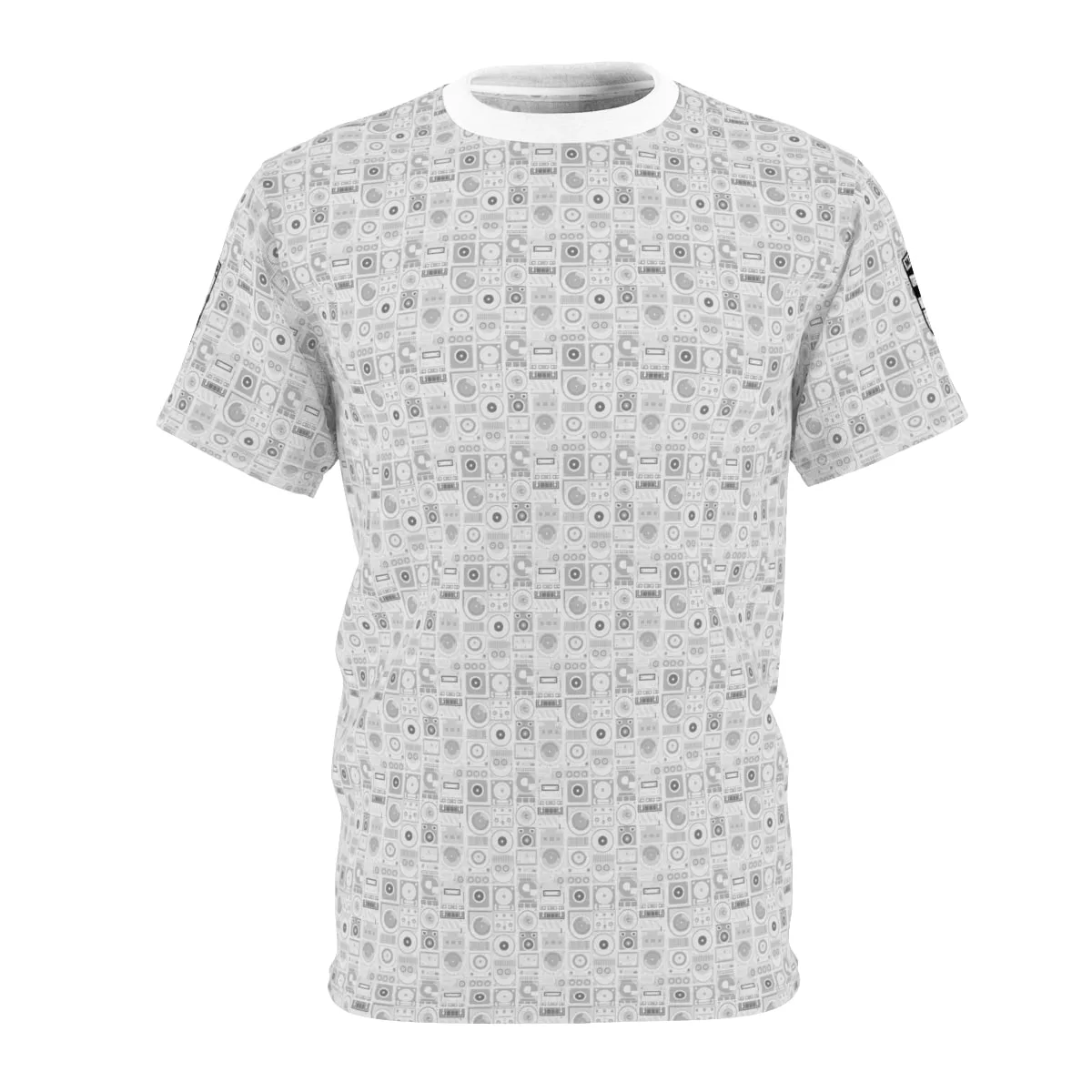 DJ Drip (White) – Analog Mixer, Turntable, CDJ, & Speaker – All Over Print Graphic Tee (Unisex) by MFG:DREAMS