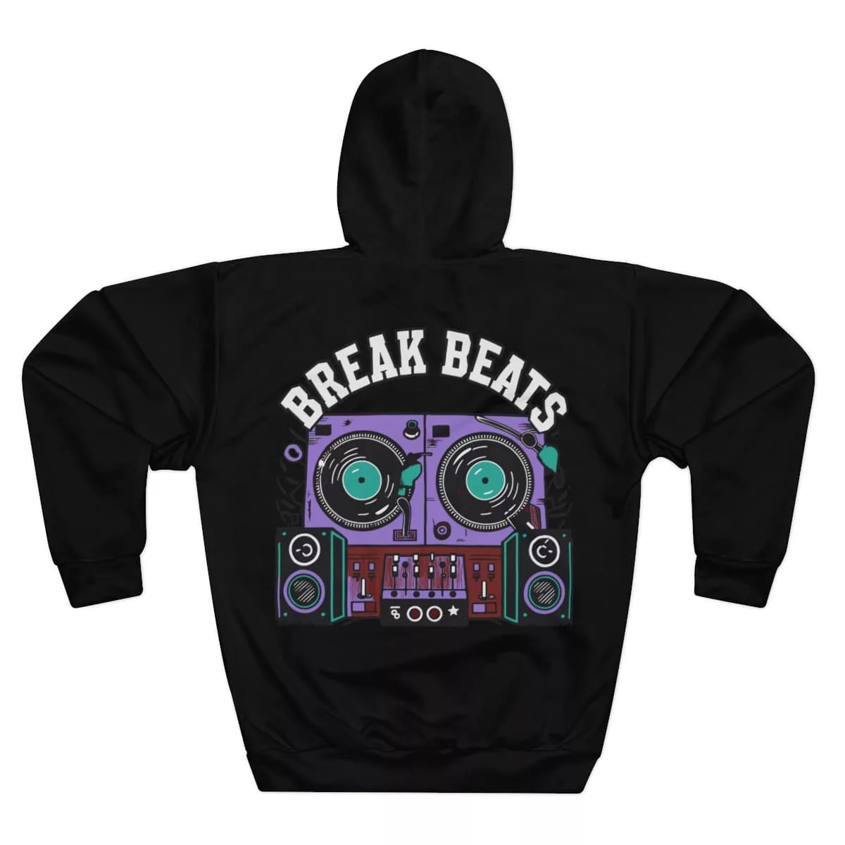 Break Beats, Turntables Mixer & Speakers (Back) – Graphic Pullover Hoodie (Unisex) by MFG:DREAMS