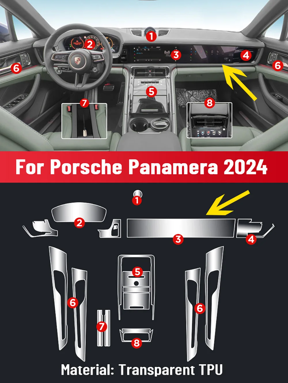 For Porsche Panamera 2024 2025 Interior Center Console Gear Panel Navigation Screen Tpu Protective Film Anti-Scratch Repair