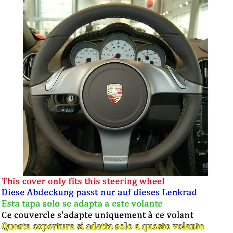 Alternative View Of Full Black Leather Car Steering Wheel Cover For Porsche 911 991 Boxster Cayman 981 Cayenne Panamera 2009-2016