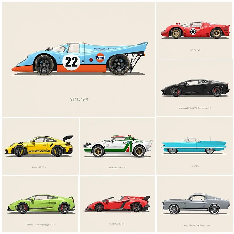 Minimalist Sports Car Posters Vintage Luxury Car Porsche Ferrari Prints Canvas Painting Wall Art Pictures Kids Boys Room Decor