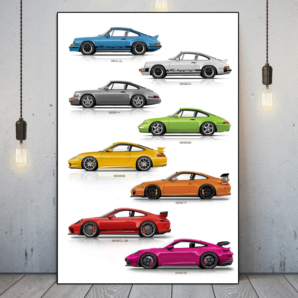 Luxury Sports Car 911 Development History Poster Print Modern Racing Graffiti Canvas Painting Supercar Club Wall Art Room Decor