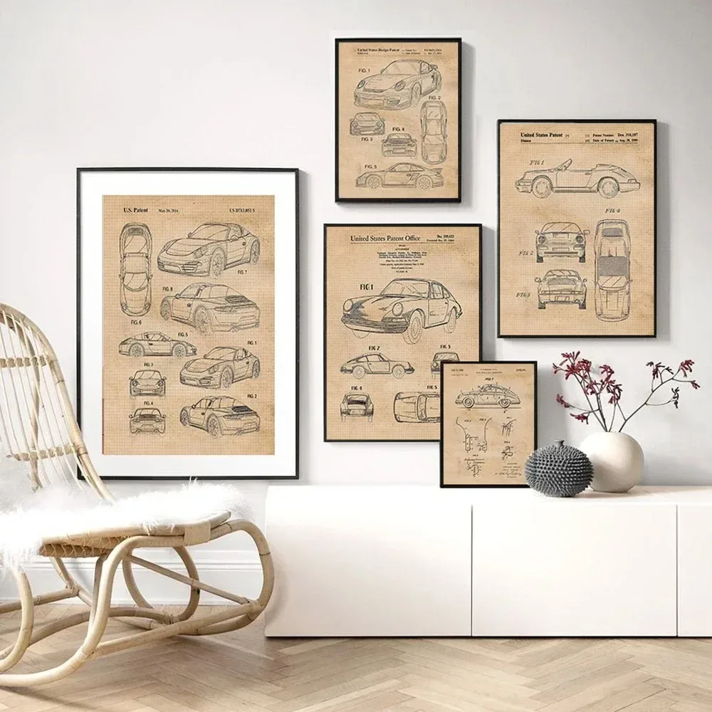 Convertible 1990 Vintage Porsche 911 Patent Sports Car Wall Blueprint Canvas Painting Wall Pictures for Living Room Decor