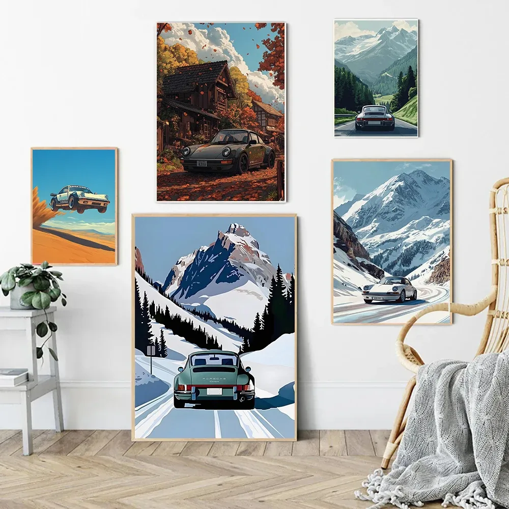 Alternative View Of Home Living Room Decor Canvas Painting Wall Art Classic Porsche 911 Alpine Drive Retro Alpine Trip Cartoon Prints Frameless