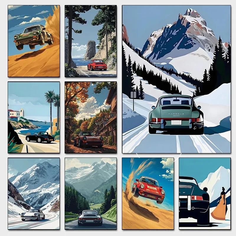 Home Living Room Decor Canvas Painting Wall Art Classic Porsche 911 Alpine Drive Retro Alpine Trip Cartoon Prints Frameless