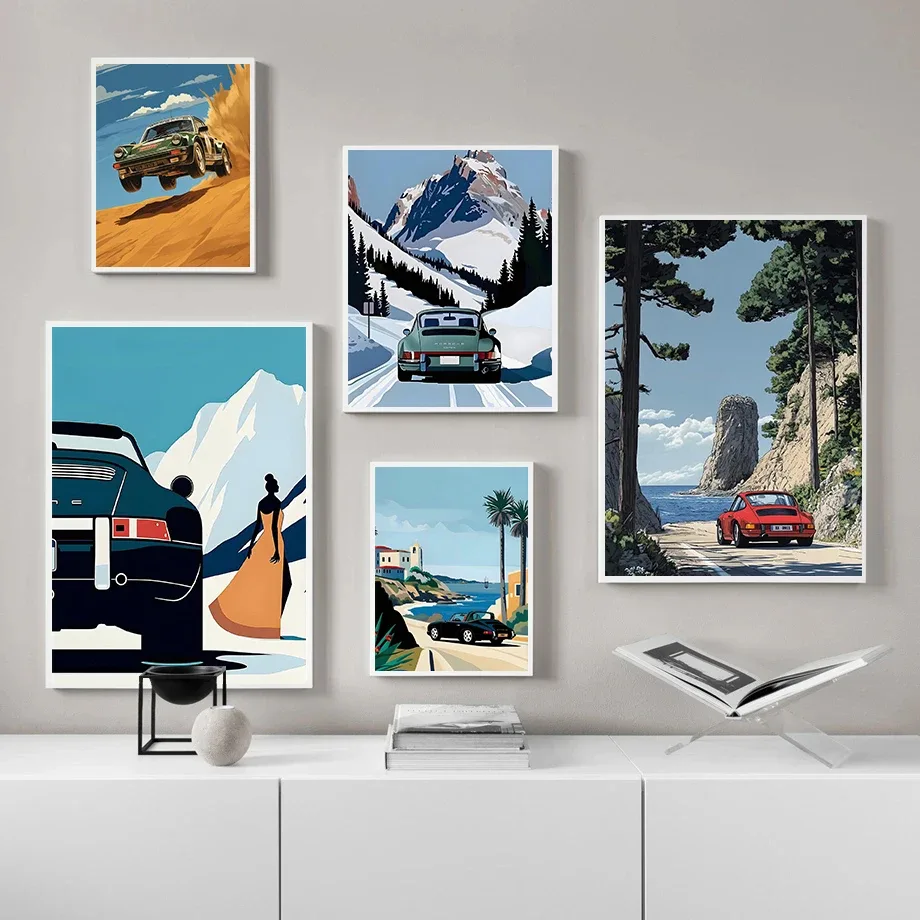 Home Living Room Decor Canvas Painting Wall Art Classic Porsche 911 Alpine Drive Retro Alpine Trip Cartoon Prints Frameless | Mfg Dreams Home Living Room Decor Canvas Painting Wall Art Classic Porsche 911 Alpine Drive Retro Alpine Trip Cartoon Prints Frameless - Image 3