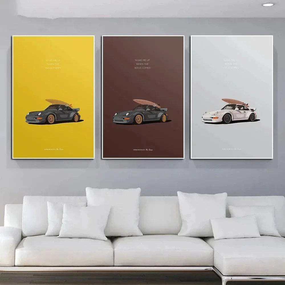 Vintage Travel Poster Surf And Car Luxury Sports Car 911 964 Illustration Gt2 Racing Canvas Painting Wall Art Room Home Decor