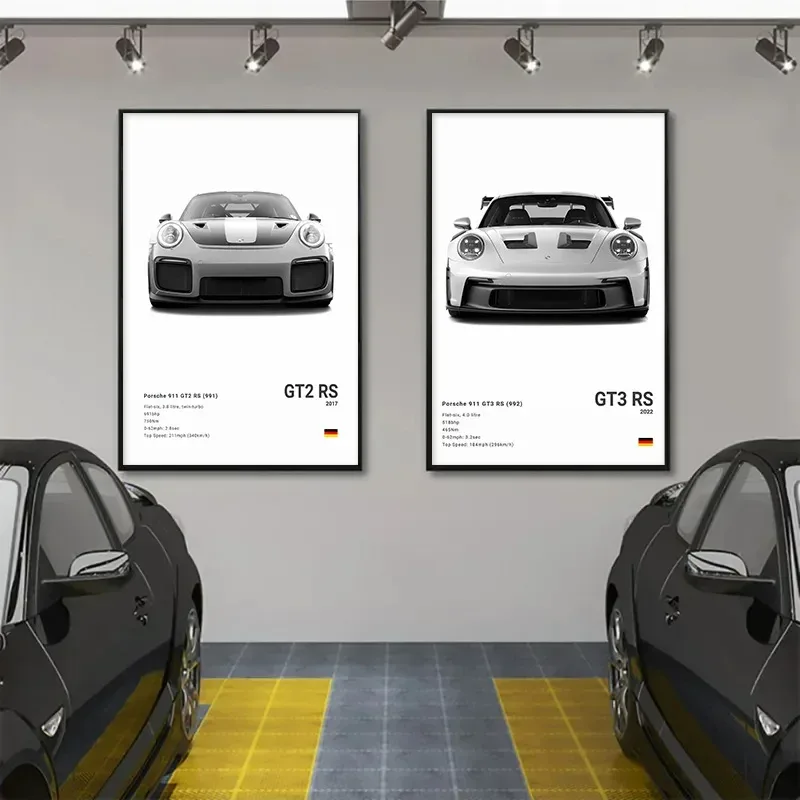 Alternative view of Black and White German Luxury Sports Car Posters Wall Art 911 GT3 RS Turbo Canvas Painting Pictures For Garage Living Room Decor
